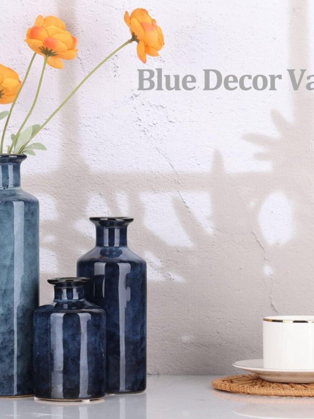 Blue Ceramic Vase Set - 3 Blue Small Vases, Farmhouse Country Flower Vase Home D - Picture 9 of 9